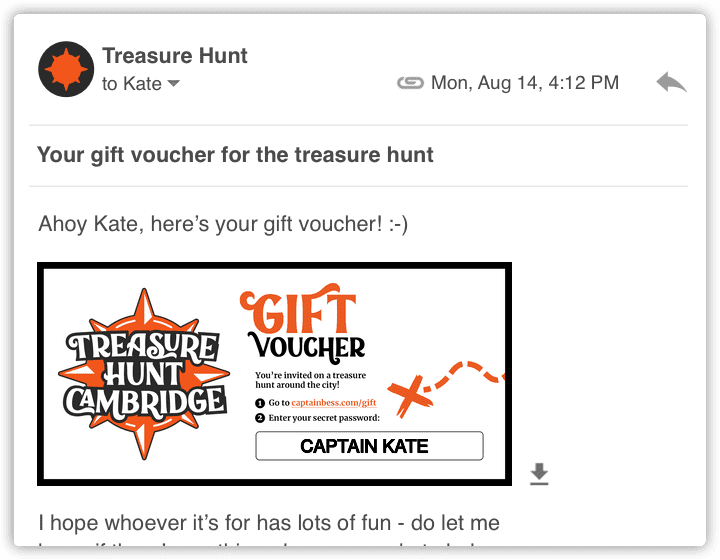 A screenshot of an email containing a digital gift voucher for Treasure Hunt Cambridge.